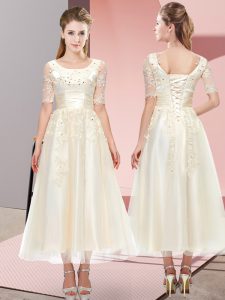 Affordable Scoop Short Sleeves Tulle Court Dresses for Sweet 16 Beading and Lace Lace Up