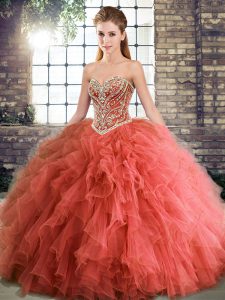 Luxurious Coral Red Sleeveless Floor Length Beading and Ruffles Lace Up Ball Gown Prom Dress