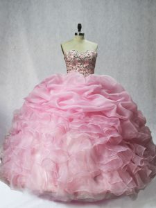 Baby Pink Sleeveless Organza Lace Up Sweet 16 Dress for Sweet 16 and Quinceanera