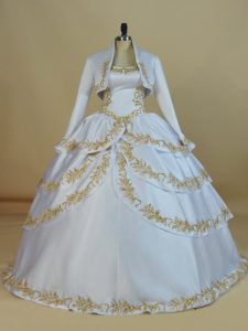 Hot Selling White Sleeveless Floor Length Embroidery Lace Up Quinceanera Dresses