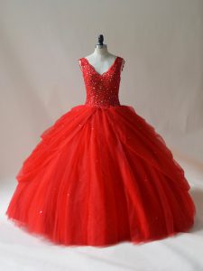 Custom Design Floor Length Zipper Quinceanera Dress Red for Sweet 16 and Quinceanera with Beading