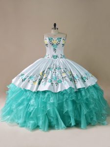 Colorful Blue And White Ball Gowns Embroidery and Ruffles Ball Gown Prom Dress Lace Up Organza Sleeveless Floor Length
