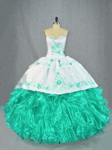 Turquoise Organza Lace Up Sweetheart Sleeveless Floor Length Quinceanera Dress Embroidery and Ruffles