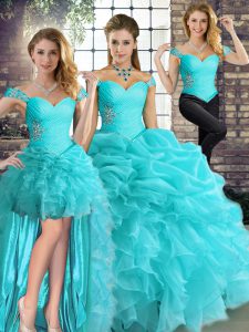 Suitable Aqua Blue Organza Lace Up 15 Quinceanera Dress Sleeveless Floor Length Beading and Ruffles and Pick Ups