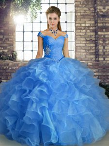 Modest Off The Shoulder Sleeveless Sweet 16 Dresses Floor Length Beading and Ruffles Blue Organza