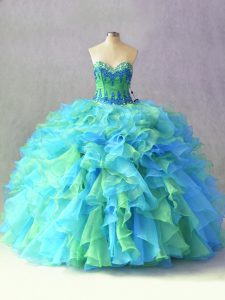 Cheap Multi-color Lace Up Ball Gown Prom Dress Beading and Ruffles Sleeveless Floor Length