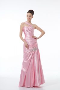 Sumptuous Beading and Ruching Baby Pink Lace Up Sleeveless Floor Length