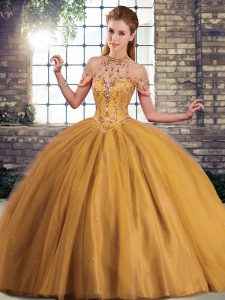 Stunning Brown Sleeveless Tulle Brush Train Lace Up Sweet 16 Dresses for Military Ball and Sweet 16 and Quinceanera