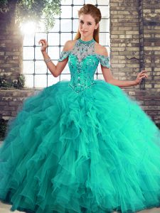 Floor Length Lace Up 15 Quinceanera Dress Turquoise for Military Ball and Sweet 16 and Quinceanera with Beading and Ruffles