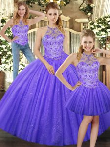 Lavender Three Pieces Tulle Halter Top Sleeveless Beading Floor Length Lace Up Sweet 16 Dress
