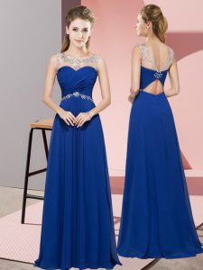 Royal Blue Sleeveless Floor Length Beading Backless Prom Party Dress