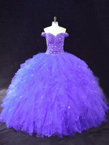 Amazing Purple Tulle Lace Up 15th Birthday Dress Sleeveless Floor Length Beading