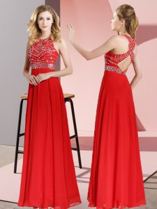 Fabulous Red Chiffon Backless Scoop Sleeveless Floor Length Prom Evening Gown Beading
