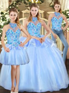 Glamorous Floor Length Blue Vestidos de Quinceanera Organza Sleeveless Embroidery