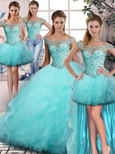 Most Popular Tulle Sleeveless Floor Length Sweet 16 Dress and Beading and Ruffles
