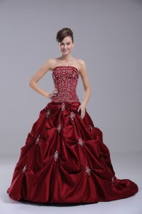 Classical Wine Red Ball Gowns Strapless Sleeveless Taffeta Brush Train Lace Up Embroidery and Pick Ups Quinceanera Dress
