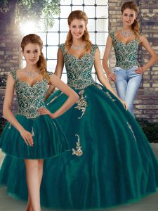 Three Pieces Sweet 16 Dresses Peacock Green Straps Tulle Sleeveless Floor Length Lace Up