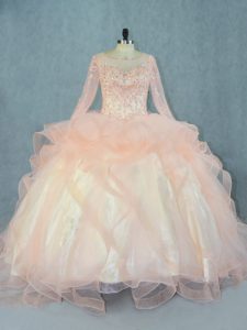 Modern Scoop Long Sleeves Tulle Quince Ball Gowns Beading and Ruffles Lace Up