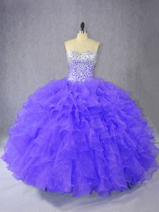 Purple Organza Lace Up Quinceanera Gown Sleeveless Floor Length Ruffles