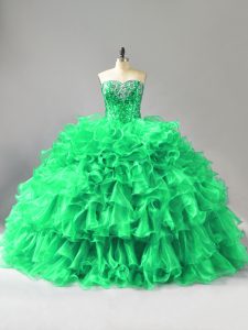 Green Ball Gowns Beading and Ruffles Vestidos de Quinceanera Lace Up Organza Sleeveless