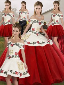 Colorful White And Red Sweet 16 Dress Military Ball and Sweet 16 and Quinceanera with Embroidery Off The Shoulder Sleeveless Lace Up