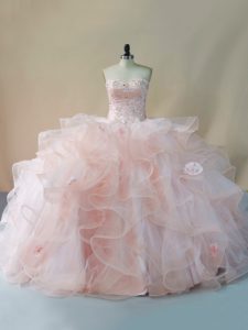 Sleeveless Brush Train Lace Up Beading and Ruffles and Hand Made Flower Sweet 16 Dresses