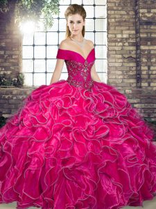 Hot Pink Sweet 16 Quinceanera Dress Military Ball and Sweet 16 and Quinceanera with Beading and Ruffles Off The Shoulder Sleeveless Lace Up