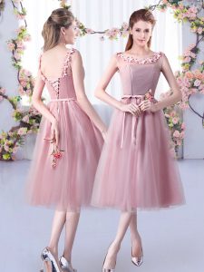 Pink Lace Up Scoop Appliques and Belt Vestidos de Damas Tulle Sleeveless