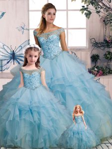Customized Off The Shoulder Sleeveless Lace Up 15th Birthday Dress Light Blue Organza