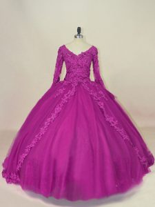 Top Selling Fuchsia Tulle Lace Up Sweet 16 Dress Long Sleeves Floor Length Lace and Appliques