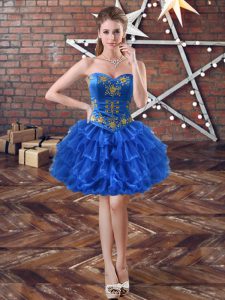 Stunning Royal Blue Sleeveless Mini Length Embroidery and Ruffled Layers Lace Up Prom Dresses