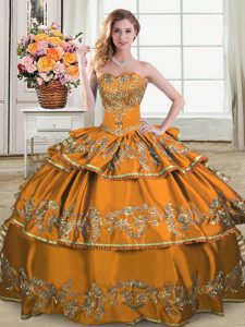 Eye-catching Brown Ball Gowns Embroidery and Ruffled Layers Quinceanera Gowns Lace Up Satin and Organza Sleeveless Floor Length