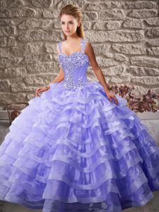 Lavender Organza Lace Up Sweet 16 Dress Sleeveless Court Train Beading and Ruffled Layers