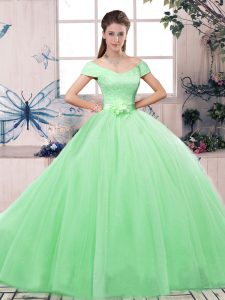 Apple Green Ball Gowns Tulle Off The Shoulder Short Sleeves Lace and Hand Made Flower Floor Length Lace Up Quinceanera Dresses