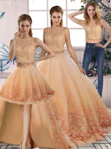 Custom Fit Peach Sleeveless Sweep Train Lace Quinceanera Dress