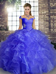 Dramatic Blue Off The Shoulder Lace Up Beading and Ruffles Quinceanera Dresses Sleeveless