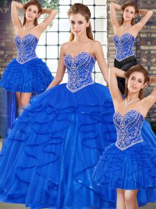 Nice Royal Blue Tulle Lace Up Vestidos de Quinceanera Sleeveless Floor Length Beading and Ruffles