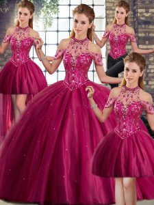 Halter Top Sleeveless Tulle Vestidos de Quinceanera Beading Brush Train Lace Up