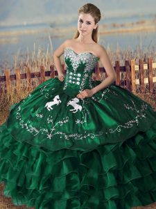 Ideal Floor Length Lace Up Quinceanera Gown Green for Sweet 16 and Quinceanera with Embroidery and Ruffles