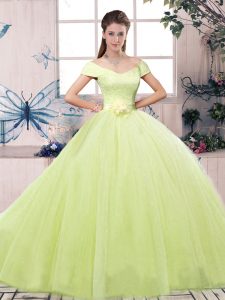 Off The Shoulder Short Sleeves Lace Up Sweet 16 Dresses Yellow Green Tulle