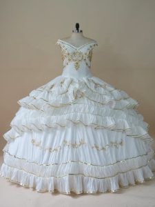 White Ball Gowns Off The Shoulder Sleeveless Taffeta Floor Length Lace Up Beading and Embroidery Sweet 16 Dresses