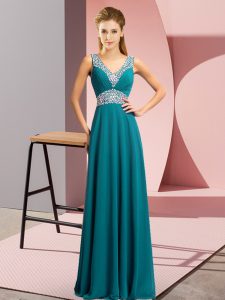 Dazzling Beading Prom Dresses Teal Lace Up Sleeveless Floor Length