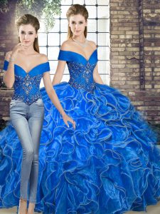 Fitting Royal Blue Lace Up Off The Shoulder Beading and Ruffles Sweet 16 Dress Organza Sleeveless