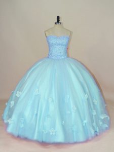 Suitable Aqua Blue Lace Up Ball Gown Prom Dress Beading and Hand Made Flower Sleeveless Floor Length