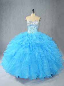 Cute Aqua Blue Lace Up Sweetheart Beading and Ruffles 15 Quinceanera Dress Organza Sleeveless