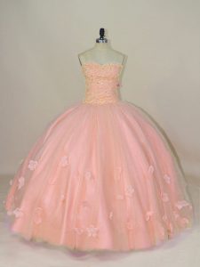 Wonderful Pink Lace Up Sweetheart Hand Made Flower Sweet 16 Dress Tulle Sleeveless