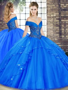 Exceptional Floor Length Lace Up 15th Birthday Dress Royal Blue for Military Ball and Sweet 16 and Quinceanera with Beading and Ruffles