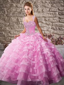 Pink Sleeveless Floor Length Beading and Ruffled Layers Lace Up Quinceanera Dress