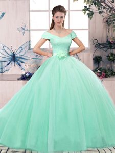 Apple Green Off The Shoulder Lace Up Lace and Hand Made Flower 15 Quinceanera Dress Short Sleeves