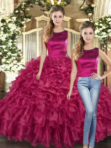 Luxury Floor Length Fuchsia Sweet 16 Dresses Scoop Sleeveless Lace Up